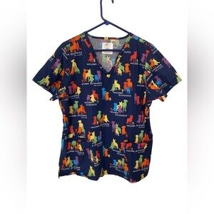 Cherokee Welcome Diversity Rainbow Dog Print Scrub Top V-Neck Women's XL